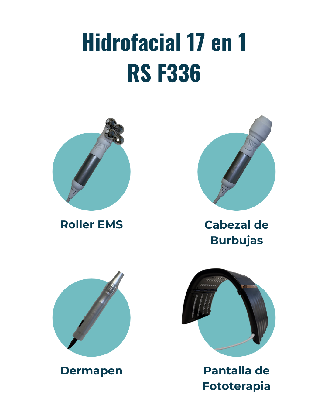Hidrofacial 17 en 1 RS F336: accesorios, funciones o controles ilustrados; confirmar opciones incluidas y parámetros de la unidad (detalle 30)